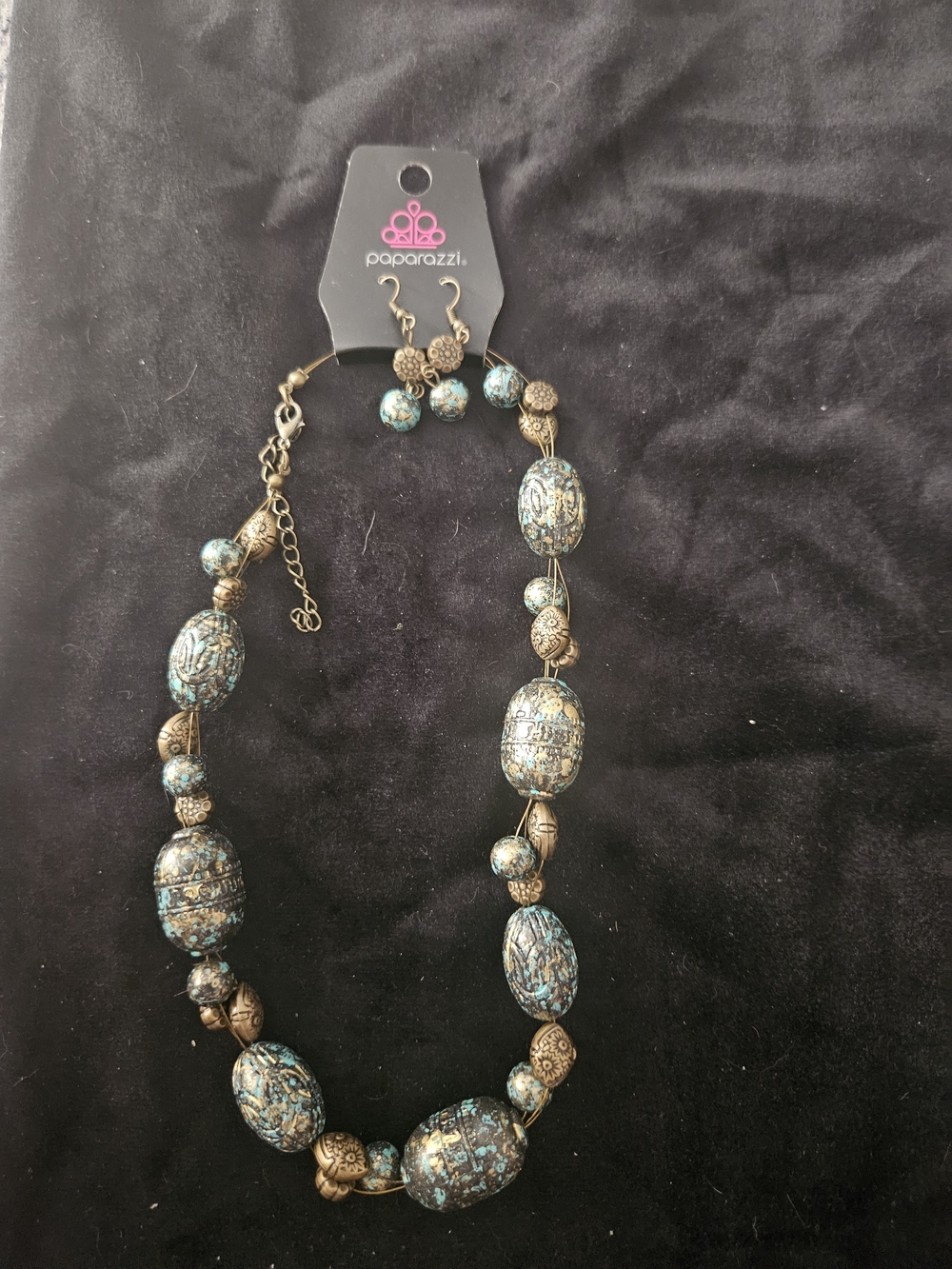 paparazzi Turquoise and Bronze Mosaic Bead Necklace with Matching Earrings